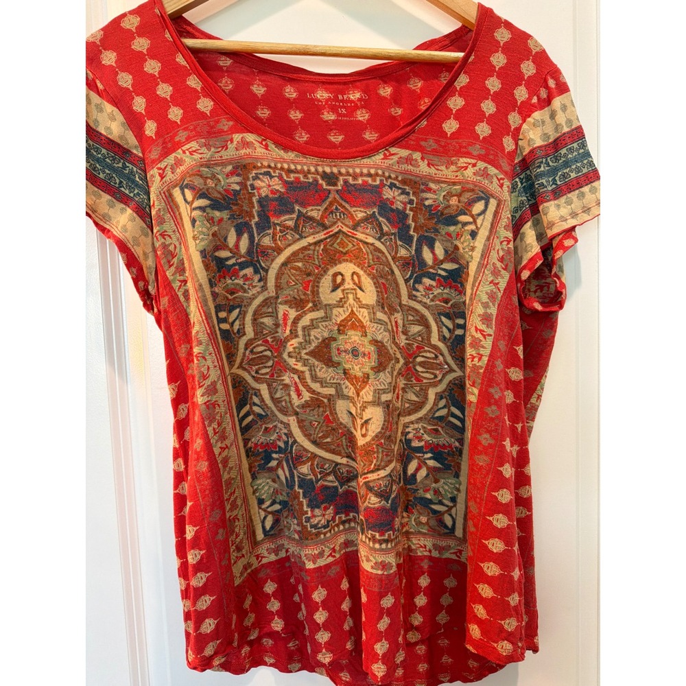 Lucky Brand Red Mandala Medallion Print Short Sleeve Viscose Knit Top 1X